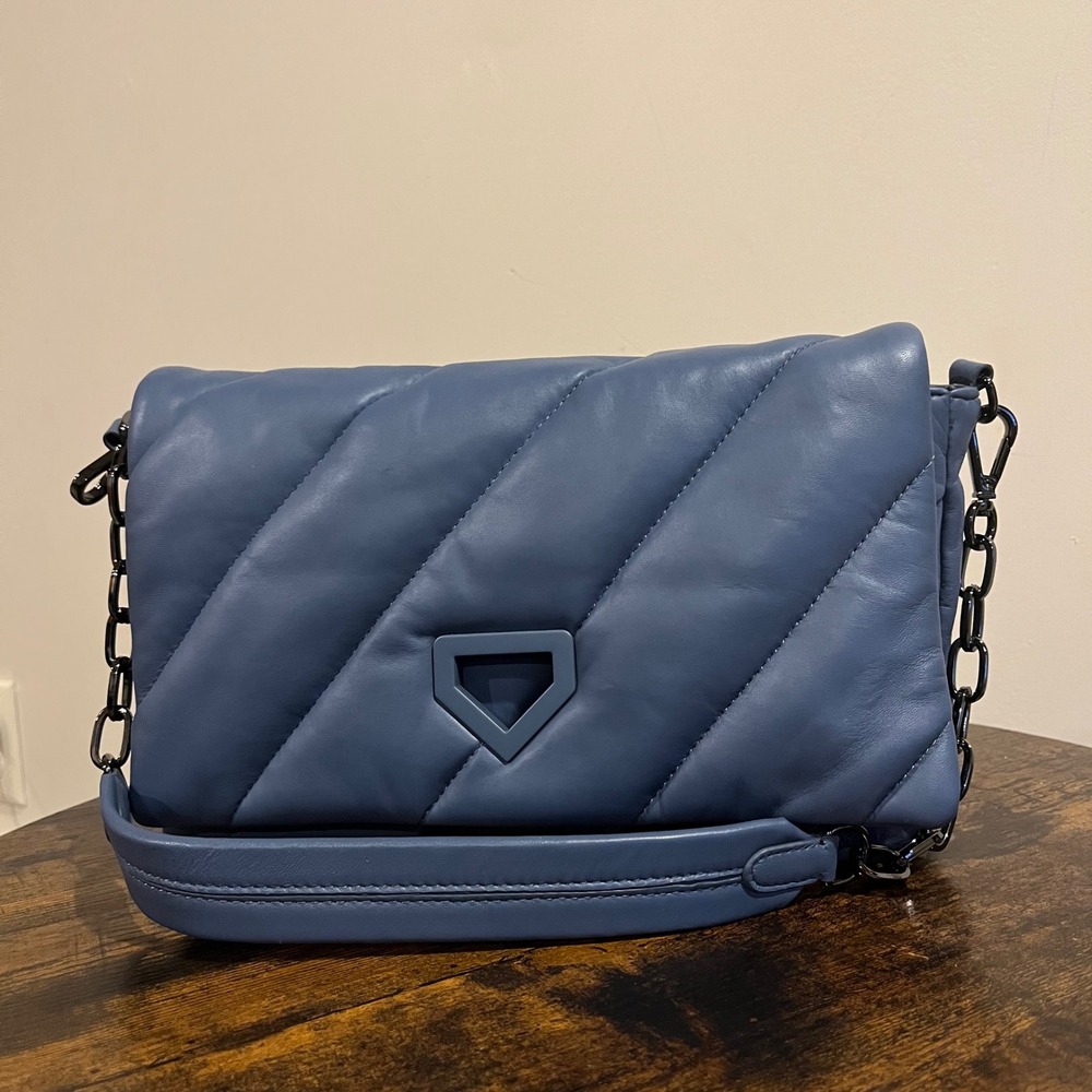 Chico's Purse Handbag Blue Leather Convertible Crossbody Shoulder‎ Quilted  12x8